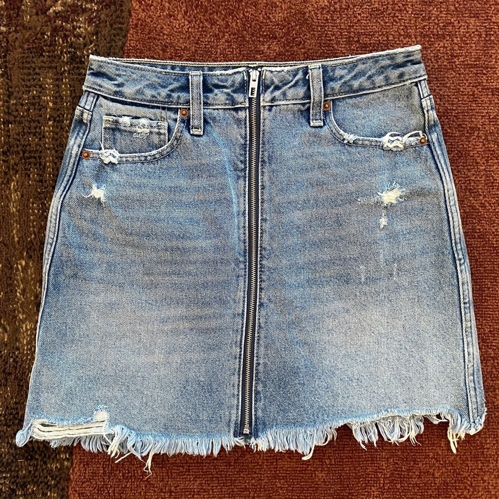 Abercrombie & Fitch Blue Denim Zipper Front Distressed Mini Skirt